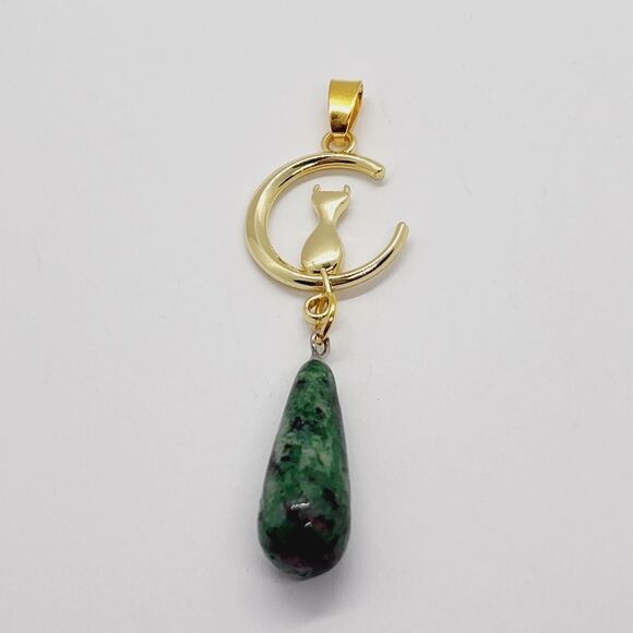 Ruby Zoisite Stone Teardrop Tibetan Gold Cat Pendant 2.5" - Picture 3 of 4